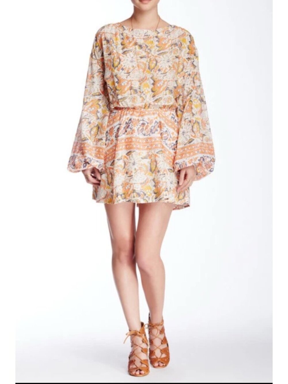 Free People Sun Print Mini BOHO Dress Cutout Back Sz S